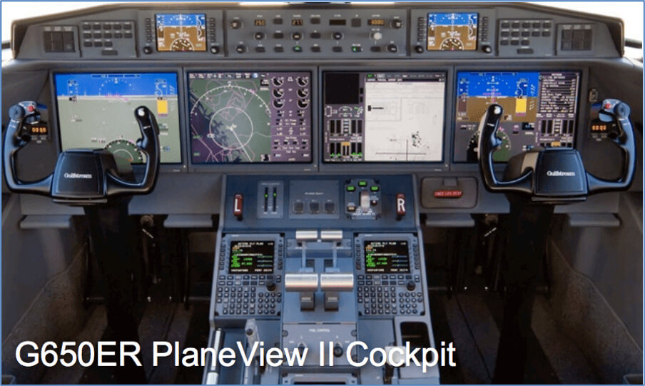 The cockpit of a Gulfstream G650ER, featuring advanced avionics with multiple displays showing flight information and navigation, and a center console with system controls. The label "G650ER PlaneView II Cockpit" is displayed at the bottom.