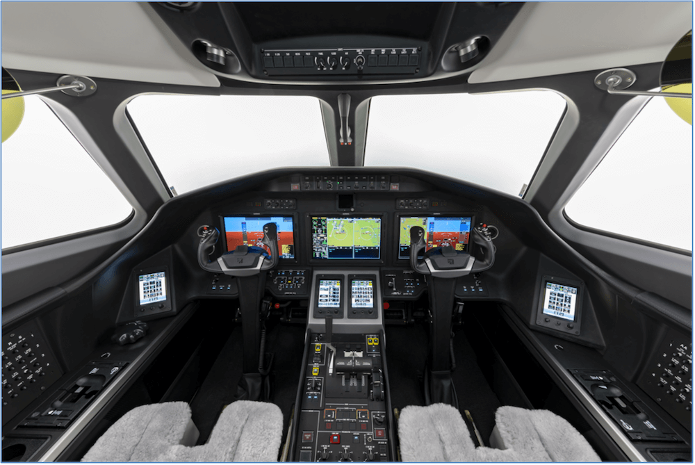 Cessna Citation Latitude cockpit with four windows, two seats lined with grey sheepskin, conventional control columns and various navigational displays and controls.