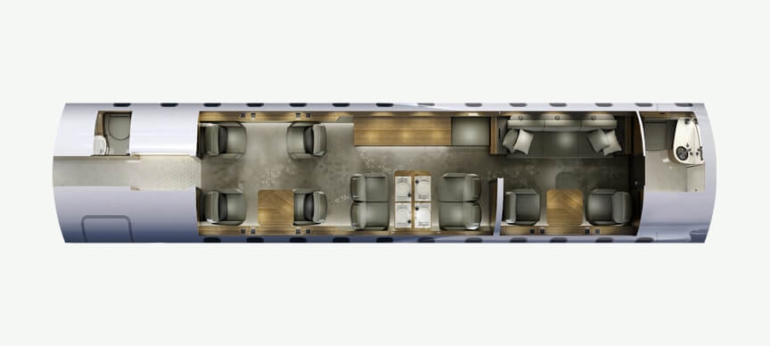 Standard-Global-5500-interior-configuration,-with-galley,-club-suite,-conference-suite,-private-suite-and-en-suite. 